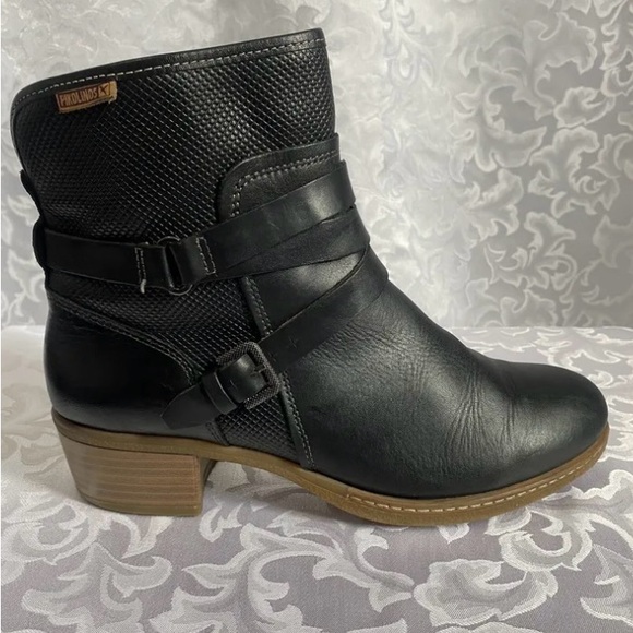Pikolinos Zaragoza Mid Heel Ankle Boots With Buckles, Black Leather, Women’s 38 - Picture 2 of 16